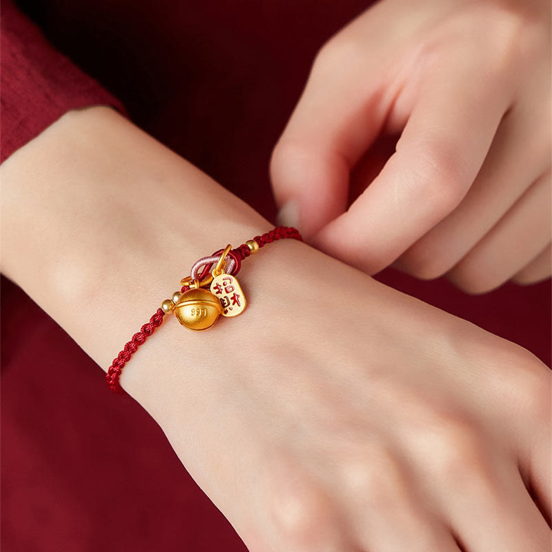 Mythstone Handmade Fu Character Charm Luck Happiness Bell Red Rope Bracelet