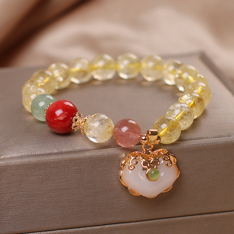 Mythstone Natural Citrine White Jade Strawberry Quartz Protection Charm Bracelet