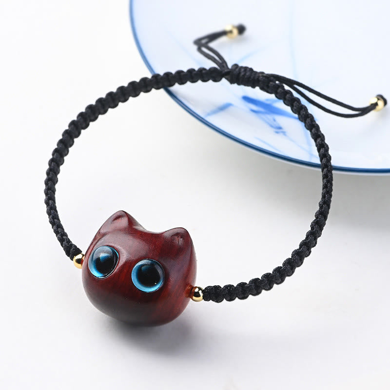 Mythstone Small Leaf Red Sandalwood Ebony Wood Cute Cat Head Calm Protection Braided Bracelet