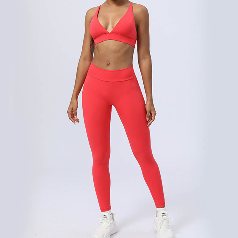 Mythstone 2Pcs Backless Criss-Cross Strap Design Top Bra Shorts Leggings Pants Fitness Yoga Outfit Set