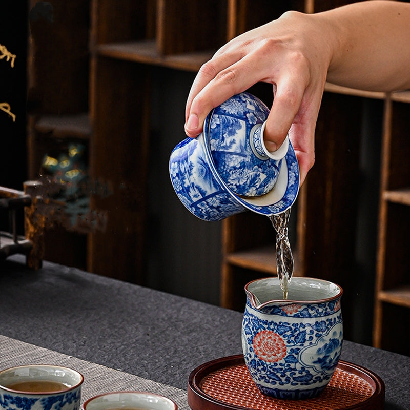 Mythstone Jingdezhen Dragon Phoenix Pavilion Pine Flower Ceramic Gaiwan Sancai Teacup Kung Fu Tea Cup And Saucer With Lid 170ml