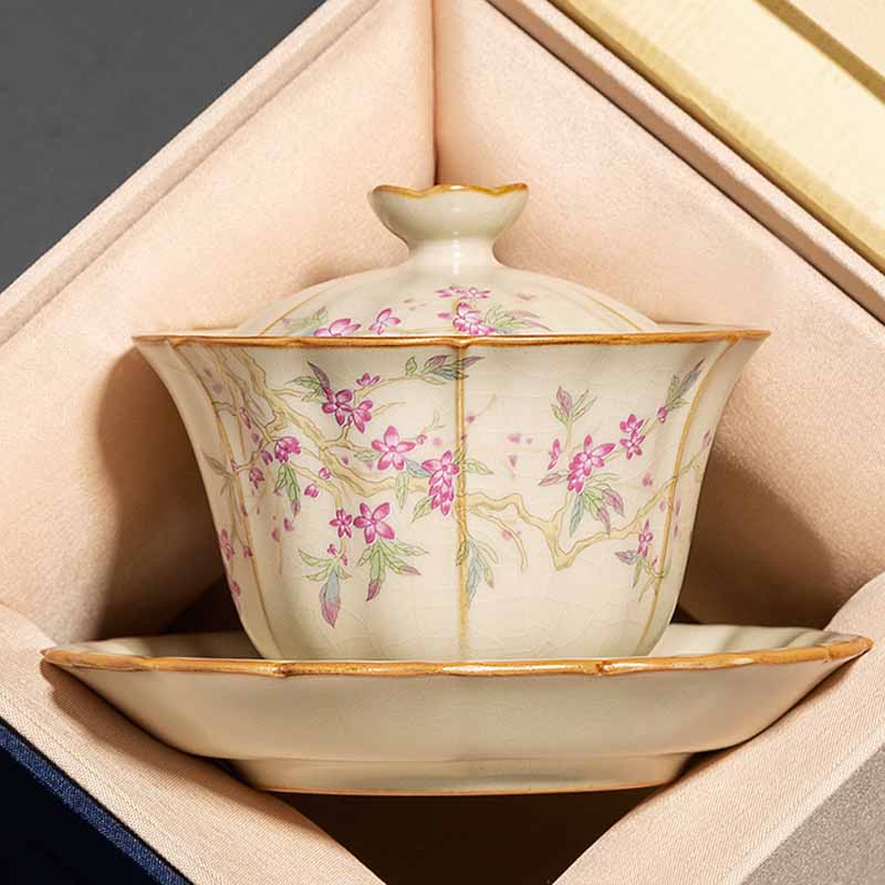 Mythstone Beige Plum Blossom Shape Peach Branch Ceramic Gaiwan Sancai Teacup Kung Fu Tea Cup With Lid