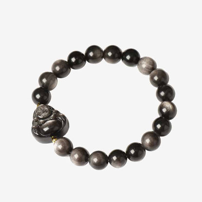 Mythstone Silver Sheen Obsidian Lotus Flower Nine Tailed Fox Laughing Buddha Protection Bracelet