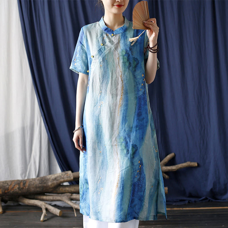 Mythstone Ramie Blue Digital Printing Cheongsam Dresses Short Sleeve Linen Dress