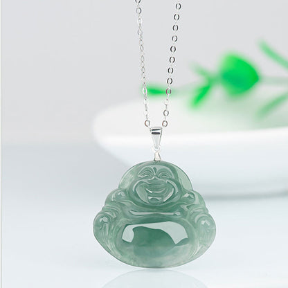 Mythstone 925 Sterling Silver Laughing Buddha Jade Protection Calm Necklace Chain Pendant