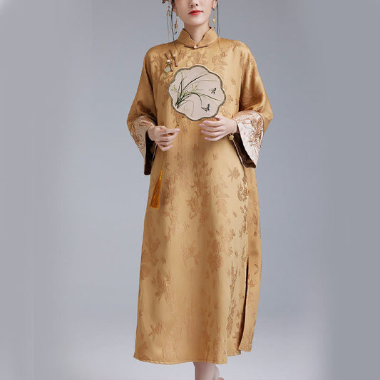 Mythstone Flower Embroidery Frog-Button Chinese Cheongsam Qipao Midi Dress With Pockets