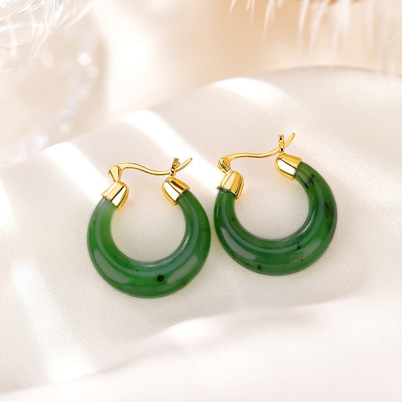 Mythstone 925 Sterling Silver Plated Gold Natural Round Hetian Cyan Jade Luck Drop Earrings