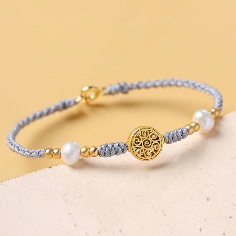 Pulsera trenzada con cuerda azul y perla de la suerte y árbol de la fortuna con monedas de cobre de Mythstone 