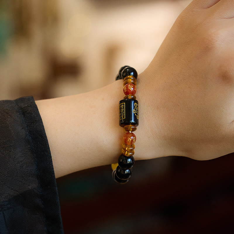 Pulsera de la sabiduría y la riqueza con ágata roja y ónix negro de cinco elementos Mythstone