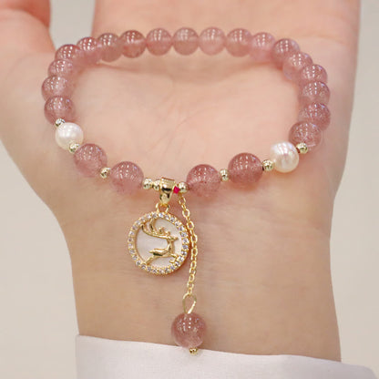 Mythstone Strawberry Quartz Pearl Elk Smiley Face Fishtail Fu Character Charm Healing Bracelet