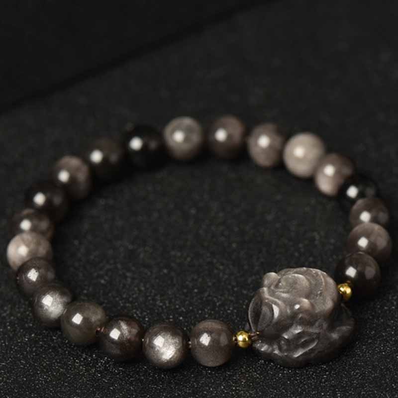 Mythstone Silver Sheen Obsidian Lotus Flower Nine Tailed Fox Laughing Buddha Protection Bracelet