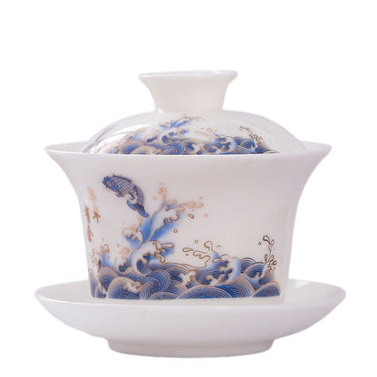 Mythstone White Porcelain Mountain Landscape Countryside Ceramic Gaiwan Teacup Kung Fu Tea Cup And Saucer With Lid