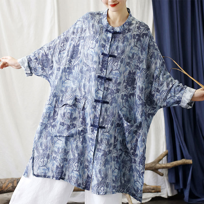 Mythstone Blue Flowers Butterfly Frog-Button Long Sleeve Ramie Linen Jacket Shirt With Pockets