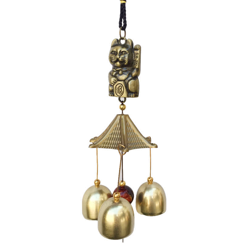 Mythstone Auspicious Wealth Cat Wall Hanging Chime Bell Copper Luck Handmade Home Decoration