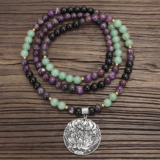 Mythstone 108 Mala Beads Amethyst Green Aventurine Lotus Meditation Bracelet