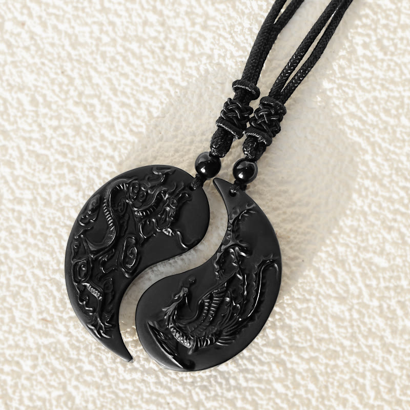 Mythstone Black Obsidian Yin Yang Dragon Phoenix Luck Necklace Pendant