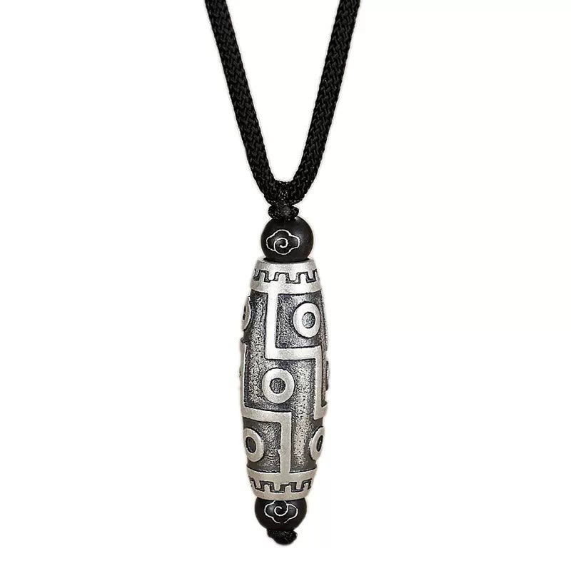 Mythstone Tibet Nine-Eye Dzi Bead Pattern Copper Auspicious Clouds Wealth Necklace Pendant