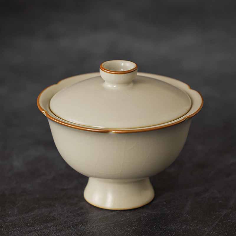 Mythstone Beige Plum Blossom Shape Peach Branch Ceramic Gaiwan Sancai Teacup Kung Fu Tea Cup With Lid