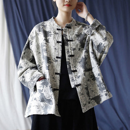 Mythstone Black Gray Print Frog-button Design Long Sleeve Cotton Linen Jacket Shirt With Pockets