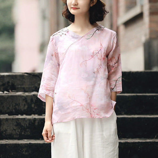 Mythstone V-Neck Pink Flower Pattern Ramie Linen Blouse Three Quarter Sleeve Shirt Top