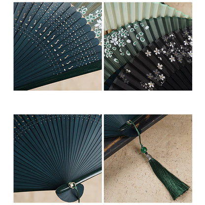 Mythstone Simple Cherry Flower Hollow Engraved Handheld Bamboo Folding Fan