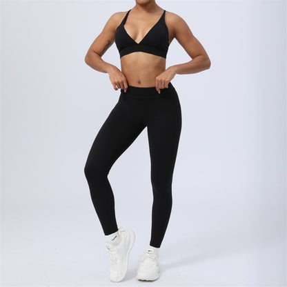 Mythstone 2Pcs Backless Criss-Cross Strap Design Top Bra Shorts Leggings Pants Fitness Yoga Outfit Set