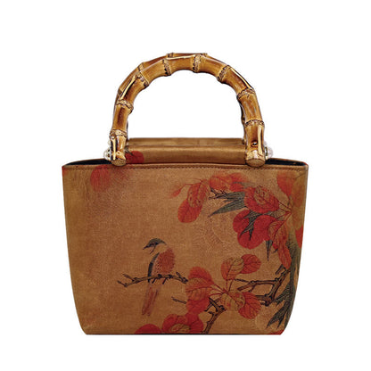 Mythstone Yellow Bird Branches Green Peony Flower Bamboo Handles Handbag