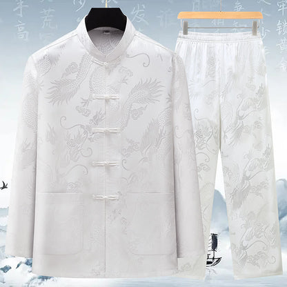 Mythstone Tang Suit Men Hanfu Chinese Dragon Traditional Clothes Kung Fu Shirt Uniform Long Sleeved Coat Tops and Pants Clothing Men's Set