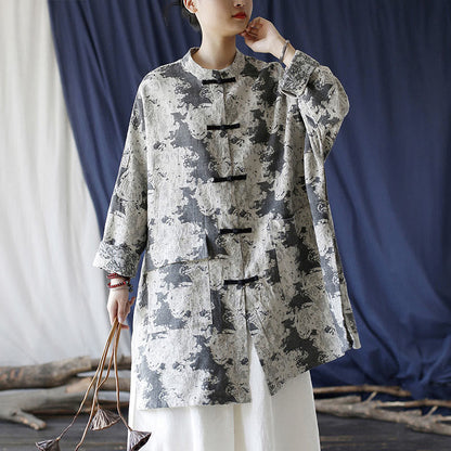 Mythstone Black Gray Beige Print Frog-button Design Long Sleeve Cotton Linen Jacket Shirt With Pockets