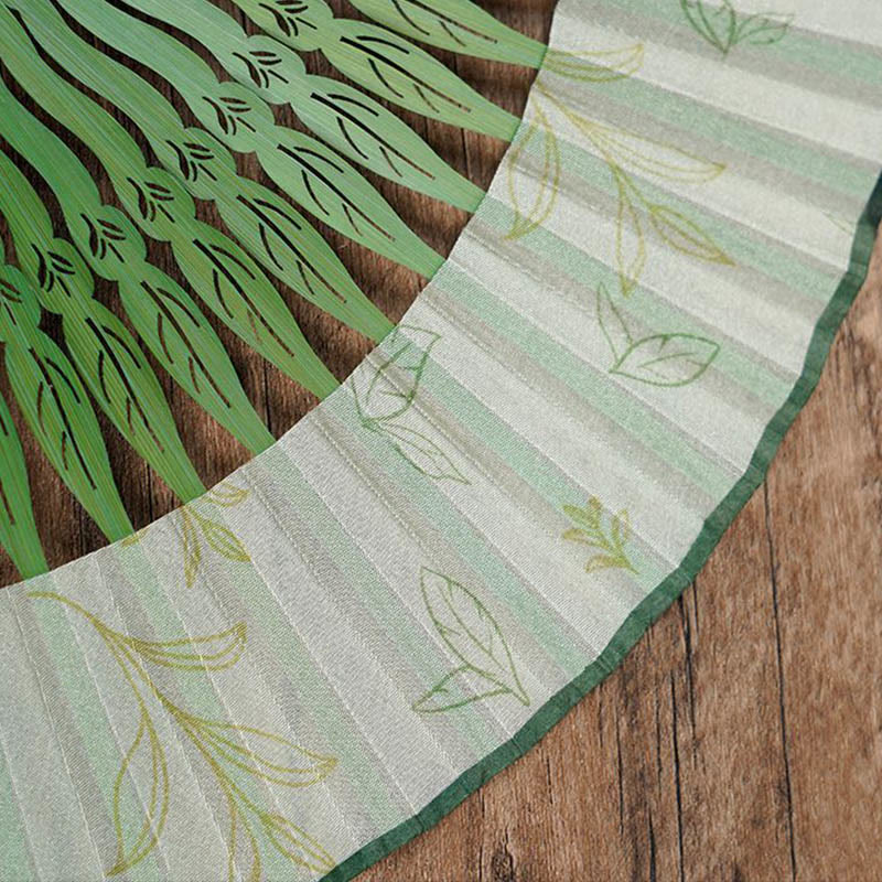 Mythstone Green Leaves Handheld Silk Bamboo Folding Fan