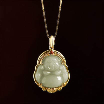 Mythstone 925 Sterling Silver Laughing Buddha Natural Hetian Jade Luck Prosperity Necklace Pendant