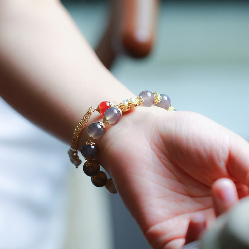 Mythstone Natural Gray Agate Fu Character Pearl Tassel Balance Bracelet