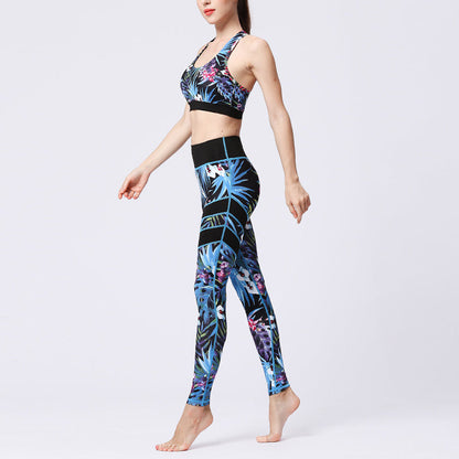 Mythstone 2Pcs Sunflower Flowers Leaves Print Top Pants Sports Fitness Yoga Women's Yoga Sets