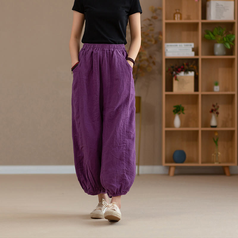 Mythstone Ramie Linen Flexible Waistband Yoga Harem Pants With Pockets