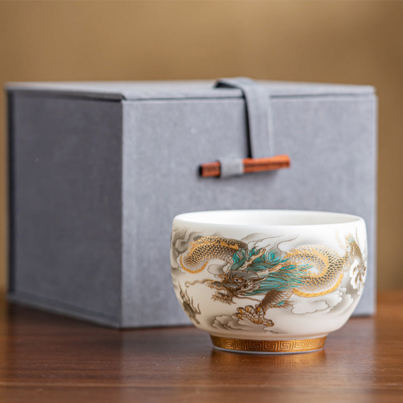 Mythstone Dragon Phoenix Auspicious Clouds Ceramic Teacup Kung Fu Tea Cup With Gift Box