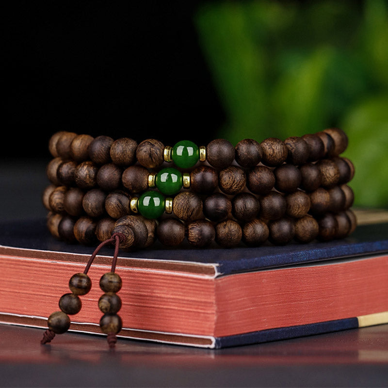 MythStone 108 Mala Beads Indonesia Tarakan Rare Agarwood Cyan Jade Ward Off Evil Spirits Bracelet