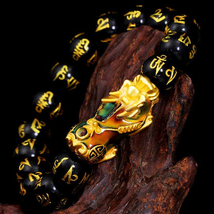 Pulsera de riqueza Om Mani Padme Hum de obsidiana PiXiu de Feng Shui Mythstone 