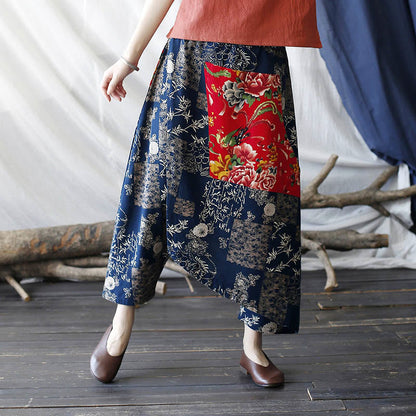 Pantalones harén de lino y algodón con bolsillos, diseño de peonías rojas, bambú azul y crisantemo, patchwork 