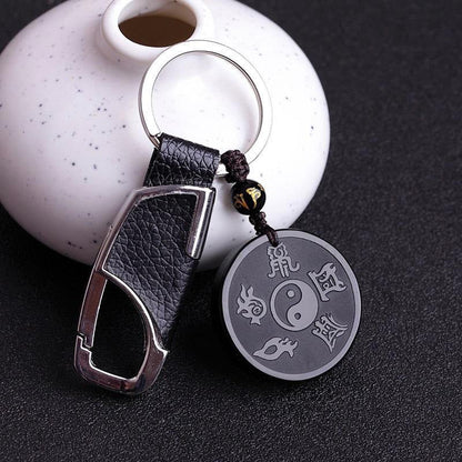 Mythstone Natural Black Obsidian Taoism Five Sacred Mountains Nine-Character Mantra Carved Strength Yin Yang Necklace Pendant Key Chain