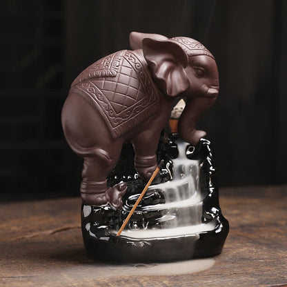 Mythstone Tibetan Elephant Purple Clay Backflow Smoke Fountain Peace Healing Incense Burner Decoration