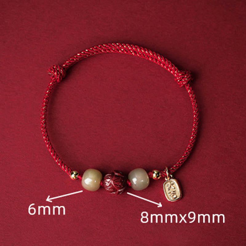 Mythstone 14K Gold Plated Hetian Jade Cinnabar Lotus Luck Handcrafted Rope Bracelet