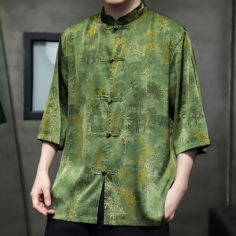 Mythstone Bamboo Leaves Pattern Chinese Half Sleeve Shirt Men T-shirt