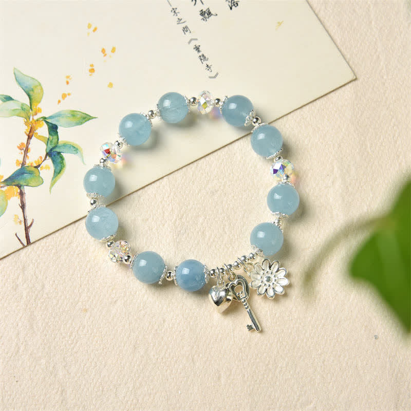 Mythstone 925 Sterling Silver Natural Aquamarine Serenity Flower Love Key Charm Bracelet