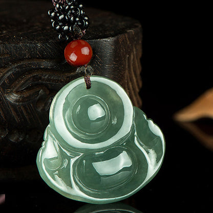 Mythstone Laughing Buddha Jade Abundance String Necklace Pendant