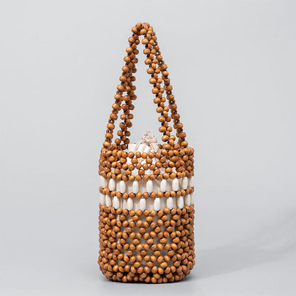 Mythstone Hand-woven Bucket Portable Wooden Beads Handbag