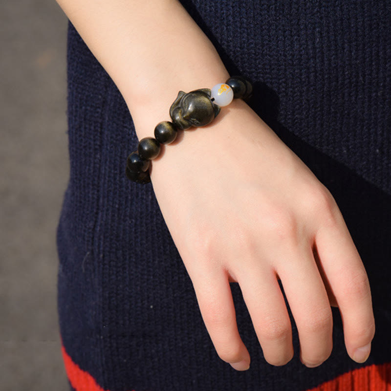 Mythstone Natural Rainbow Obsidian Gold Sheen Obsidian Silver Sheen Obsidian Fox Healing Bracelet