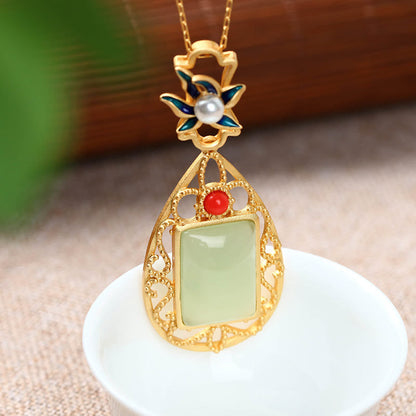 Mythstone Vintage Flower Jade Plated Gold Prosperity Necklace Pendant