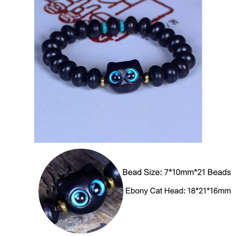 Pulsera de equilibrio de paz con forma de gato encantador de madera de ébano y cristal de Liuli Mythstone 