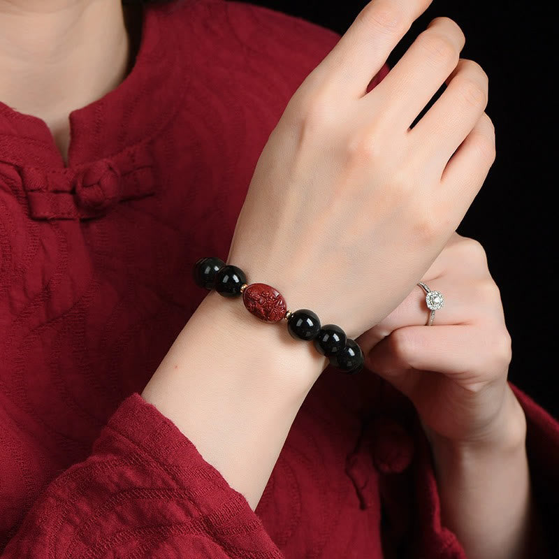 Mythstone Chinese Zodiac Natal Buddha Natural Black Obsidian Cinnabar Purification Bracelet