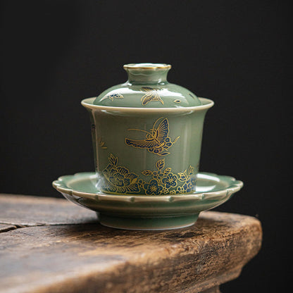 Mythstone Green Porcelain Butterfly Flower Salmon Fish Ceramic Gaiwan Sancai Teacup Kung Fu Tea Cup And Saucer With Lid